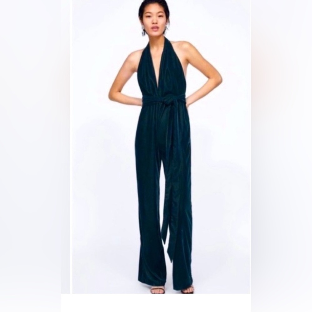 Zara Elegant Black Jumpsuit  velvet green   small NWOT